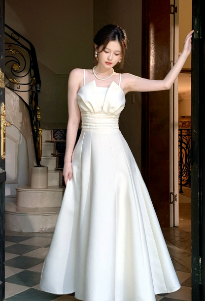Glam Spaghetti Straps A-Line Satin Long Evening Dress White Prom Dress DP06105