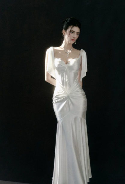 Robe de Soirée Longue Sirène en Satin à Bretelles Fines Glamour Robe de Bal Blanche DP06106
