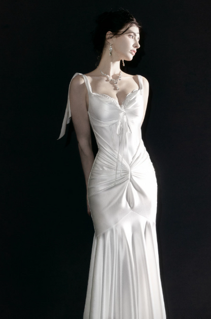 Robe de Soirée Longue Sirène en Satin à Bretelles Fines Glamour Robe de Bal Blanche DP06106