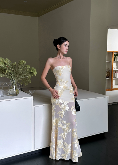 Glamouröses trägerloses Etuikleid aus Chiffon, langes gelbes Abendkleid / Ballkleid DP06108