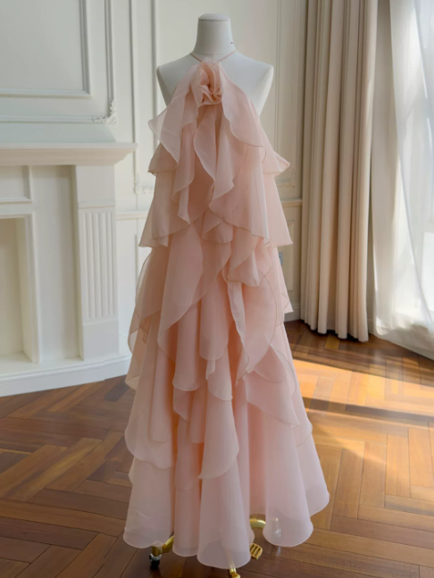 Robe longue Glam Halter fourreau en mousseline rose pour soirée de bal DP06110