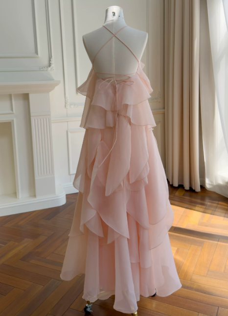 Glam Halter Sheath Chiffon Long Evening Dress Pink Prom Dress DP06110