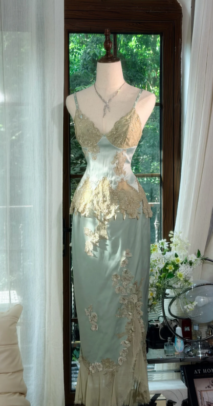 Robe de Soirée Longue Fourreau en Satin Vert Chic à Bretelles Robe de Bal DP06111