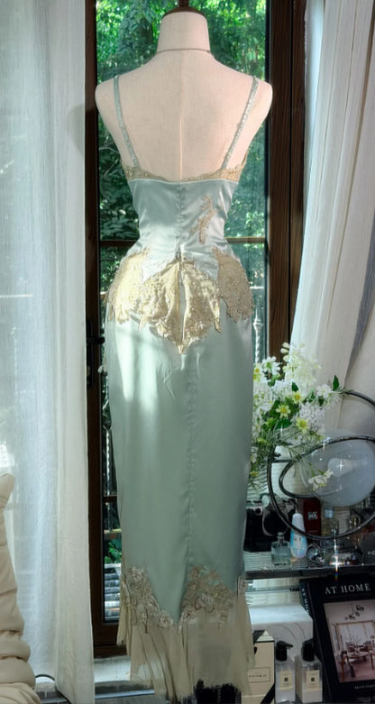 Robe de Soirée Longue Fourreau en Satin Vert Chic à Bretelles Robe de Bal DP06111
