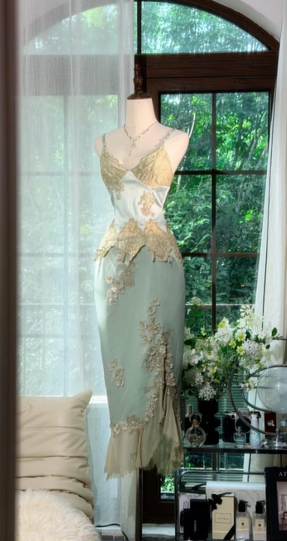 Robe de Soirée Longue Fourreau en Satin Vert Chic à Bretelles Robe de Bal DP06111