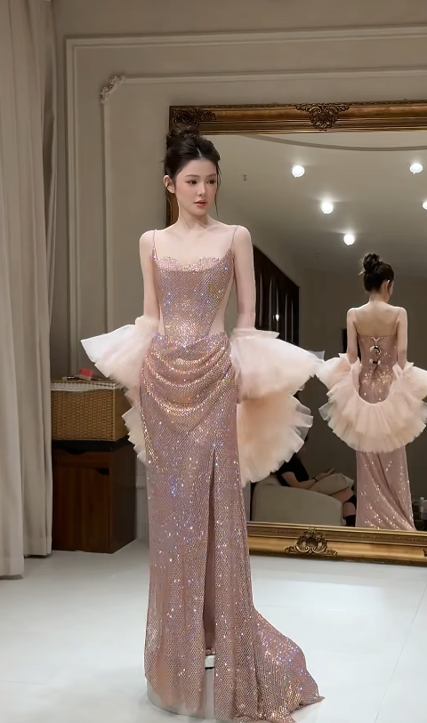 Glam Straps Sheath Tulle Long Evening Dress Champagne Prom Dress DP06113