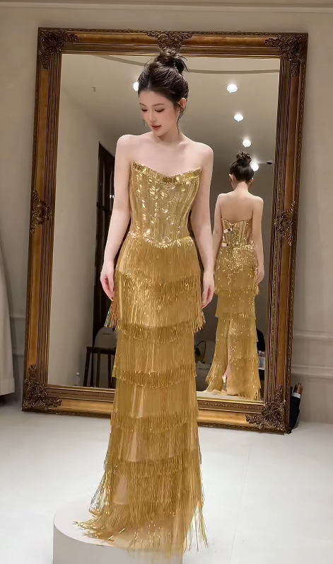 Élégante Robe de Soirée Longue Bustier Fourreau en Satin Métallisé Doré pour Bal de Promo DP06114