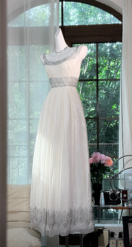 Chic Straps A-Line Chiffon Long Evening Dress White  Prom Dress DP06116