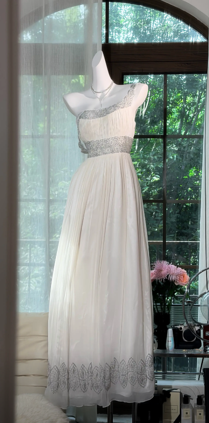 Chic Straps A-Line Chiffon Long Evening Dress White  Prom Dress DP06116