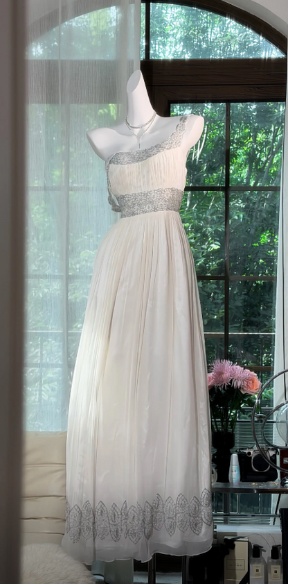 Chic Straps A-Line Chiffon Long Evening Dress White  Prom Dress DP06116