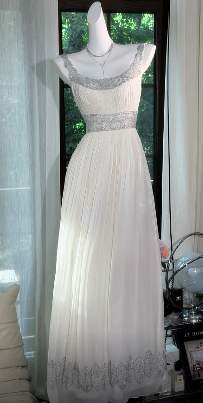 Chic Straps A-Line Chiffon Long Evening Dress White  Prom Dress DP06116