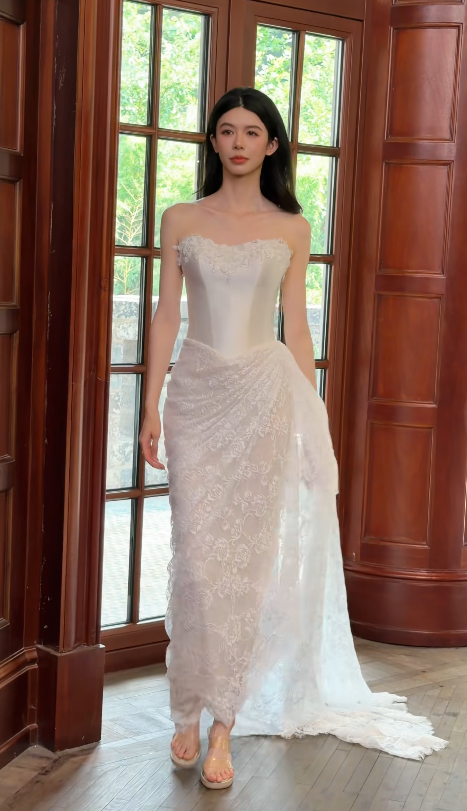 Modest Strapless White Wedding Dress Satin Bridal Dress Sheath Bridal Gown DP06117