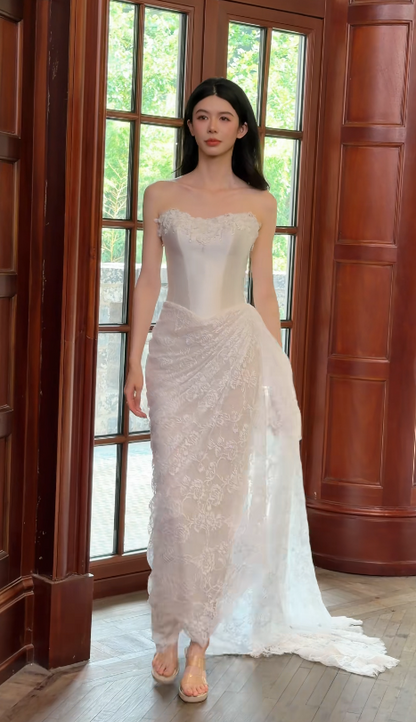 Modest Strapless White Wedding Dress Satin Bridal Dress Sheath Bridal Gown DP06117