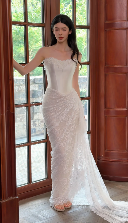 Modest Strapless White Wedding Dress Satin Bridal Dress Sheath Bridal Gown DP06117
