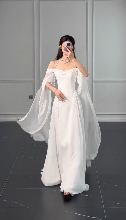 Robe de mariée bustier blanche modeste en mousseline DP06118