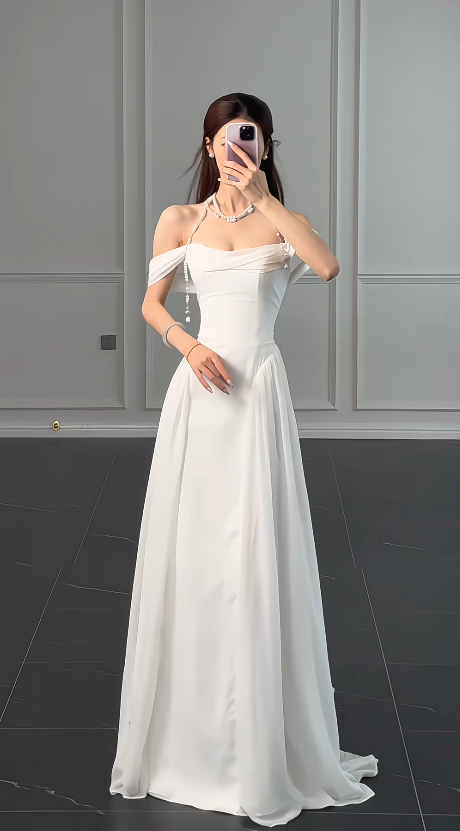 Robe de mariée bustier blanche modeste en mousseline DP06118