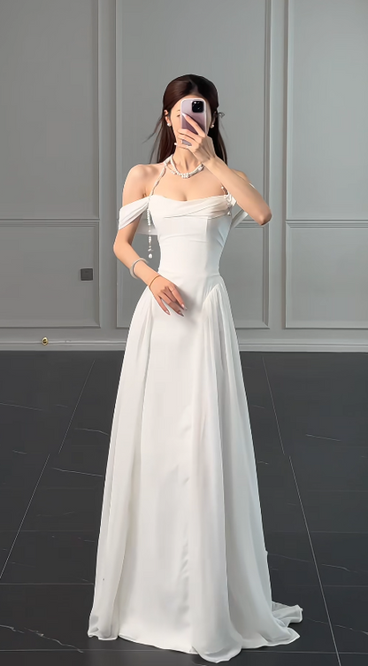 Robe de mariée bustier blanche modeste en mousseline DP06118