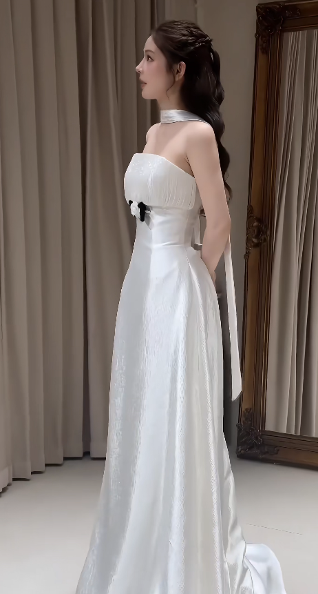 Modest Strapless White Wedding Dress Satin Bridal Dress A-Line Bridal Gown DP06119