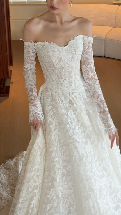 Modest Off-shoulder White Wedding Dress Lace Bridal Dress A-Line Bridal Gown DP06120