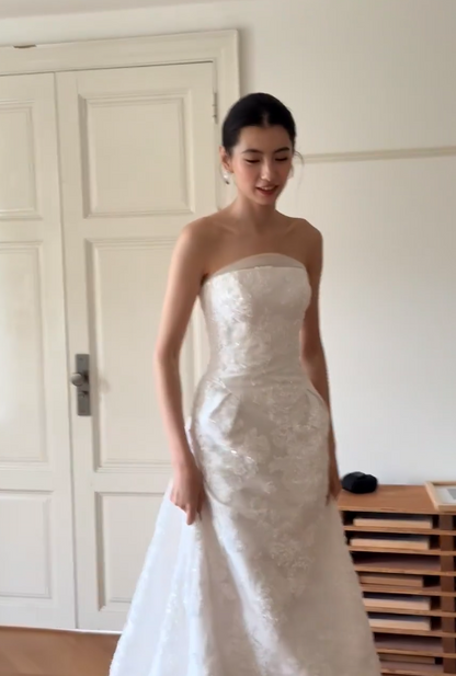 Modest Strapless White Wedding Dress Lace Beaded Bridal Dress Sheath Bridal Gown DP06122