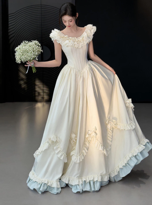 Modest Off-shoulder White Wedding Dress Satin Bridal Dress A-Line Bridal Gown DP06123