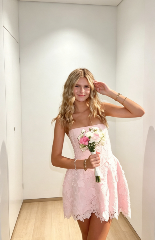 Sexy Strapless Birthday Dress Lace Sheath Party Dress Pink Hoco Dress DP06127