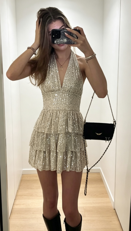 Fashion Halterneck Geburtstagskleid Tüll Pailletten Etuikleid Partykleid Gold Hoco Kleid DP06129