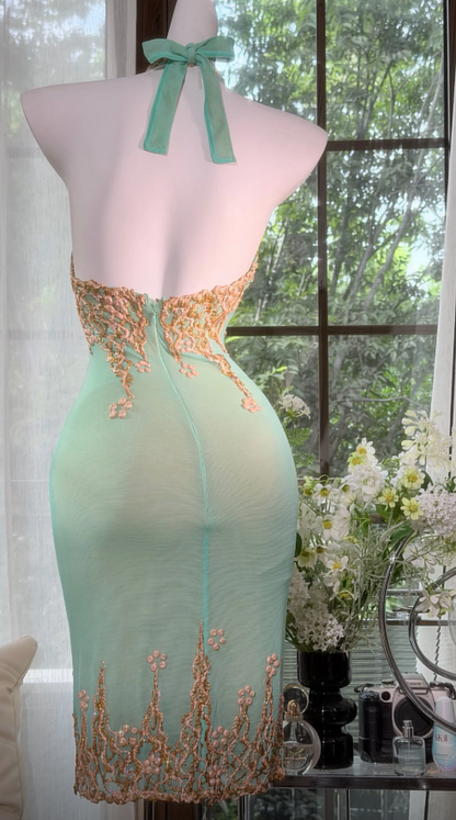 Robe Anniversaire Chic Dos Nu Robe de Soirée Fourreau en Mousseline Robe de Soirée Verte DP06131