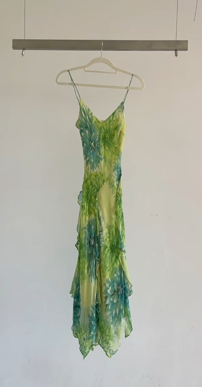 Elegantes langes Abendkleid in Grün aus Chiffon mit Blumenmuster Etuikleid Festliches Kleid DP06136