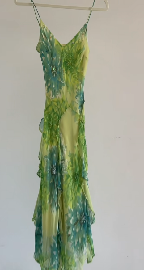 Elegantes langes Abendkleid in Grün aus Chiffon mit Blumenmuster Etuikleid Festliches Kleid DP06136