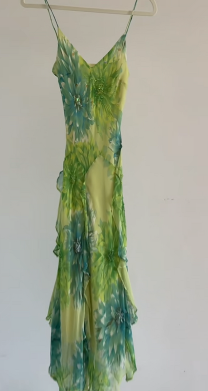 Elegantes langes Abendkleid in Grün aus Chiffon mit Blumenmuster Etuikleid Festliches Kleid DP06136