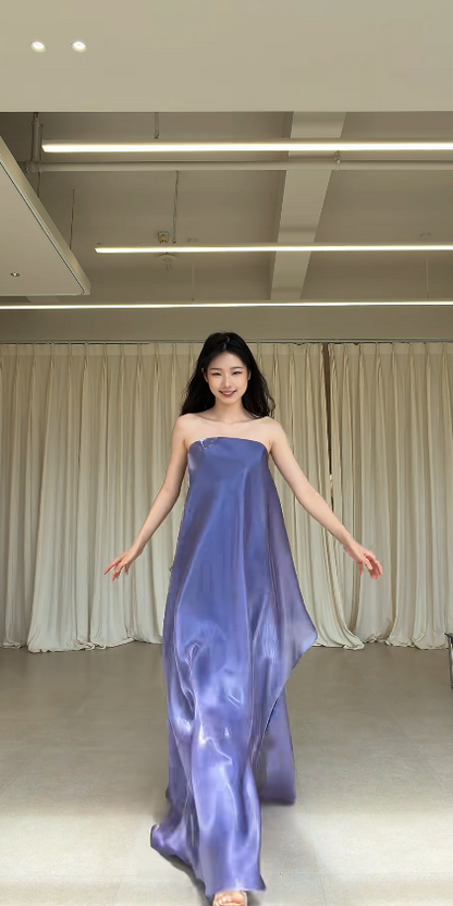 Robe de soirée longue simple violette en mousseline de soie coupe fourreau DP06139