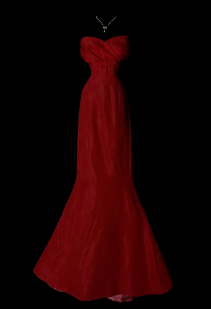 Einfaches rotes langes Abendkleid aus Chiffon im Meerjungfrauen-Stil, festliches Kleid DP06140