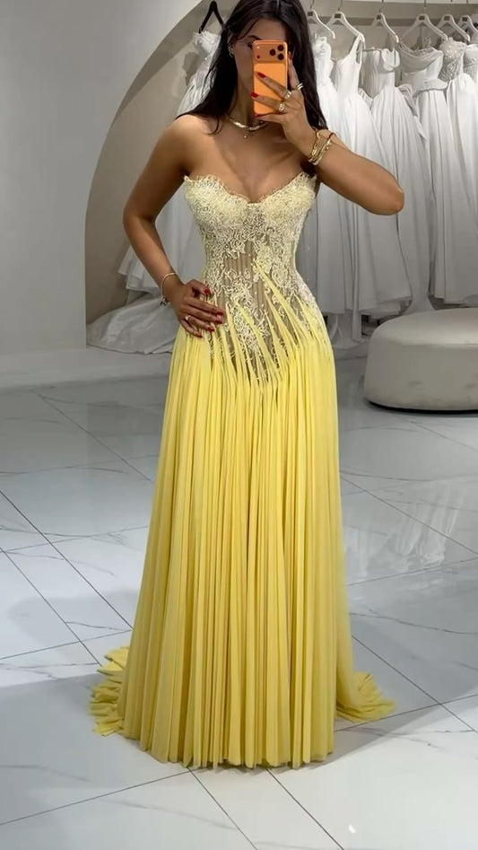 Einfaches gelbes, langes Abendkleid aus Chiffon mit Applikationen, Etuikleid, formelles Kleid DP06142