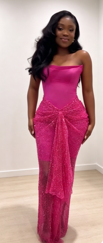 Élégante robe de soirée longue rose vif en satin et tulle fourreau robe de cérémonie DP06143