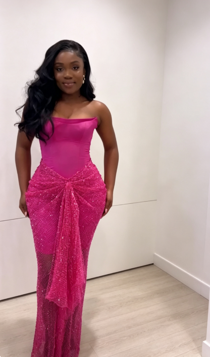 Élégante robe de soirée longue rose vif en satin et tulle fourreau robe de cérémonie DP06143