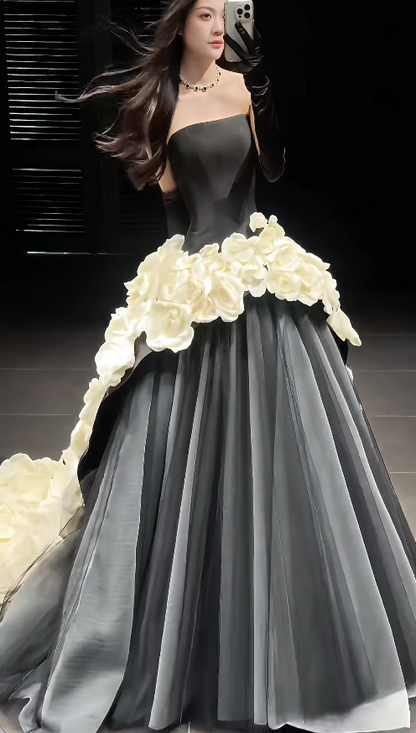 Élégante robe longue de soirée noire en satin coupe trapèze robe habillée DP06147
