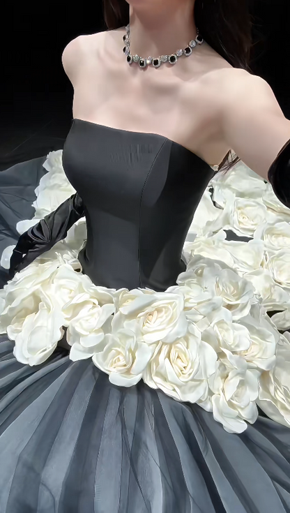 Élégante robe longue de soirée noire en satin coupe trapèze robe habillée DP06147