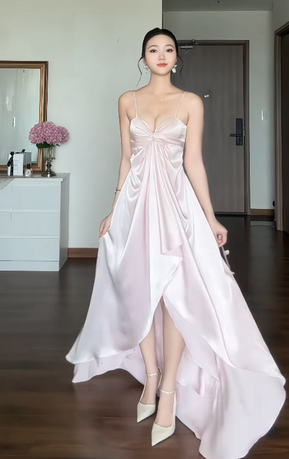 Robe longue de soirée chic rose en satin fourreau pour invitée de mariage DP06148