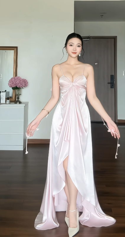 Robe longue de soirée chic rose en satin fourreau pour invitée de mariage DP06148
