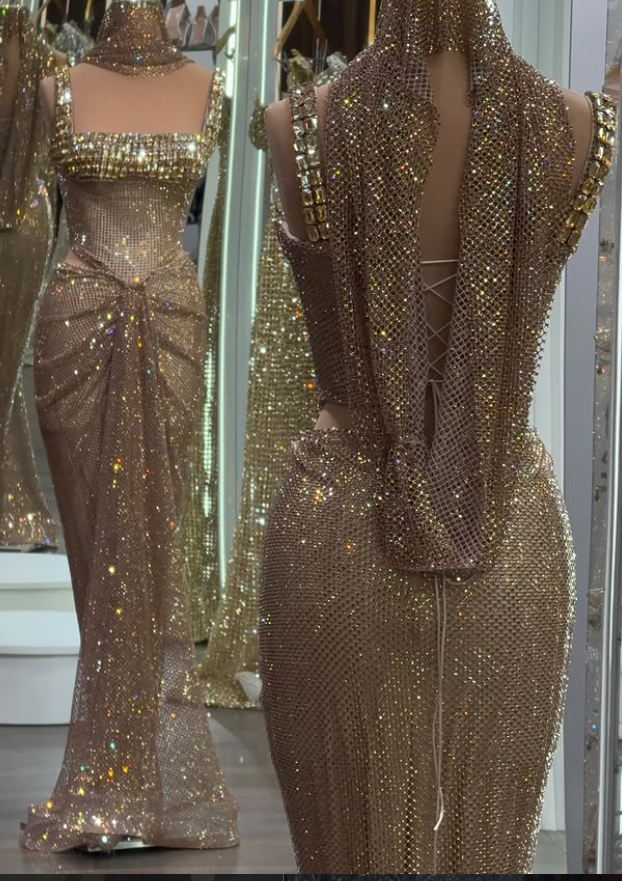 Robe de soirée longue dorée chic en mousseline ornée de perles fourreau robe de cérémonie DP06149