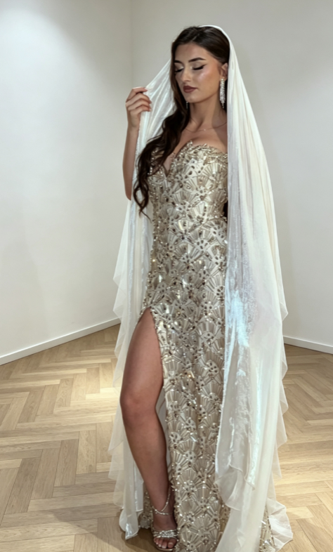 Élégante robe de soirée longue champagne en tulle ornée de perles Robe de cérémonie fourreau DP06150