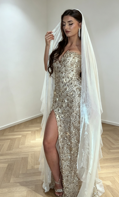 Élégante robe de soirée longue champagne en tulle ornée de perles Robe de cérémonie fourreau DP06150