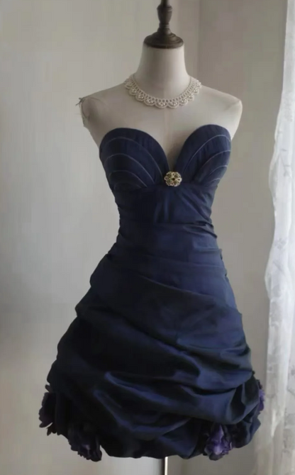 Robe de soirée bleu marine à bretelles en satin pour anniversaire de mariage DP06153
