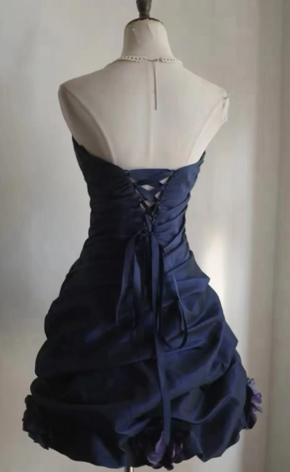 Robe de soirée bleu marine à bretelles en satin pour anniversaire de mariage DP06153