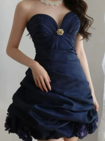 Robe de soirée bleu marine à bretelles en satin pour anniversaire de mariage DP06153