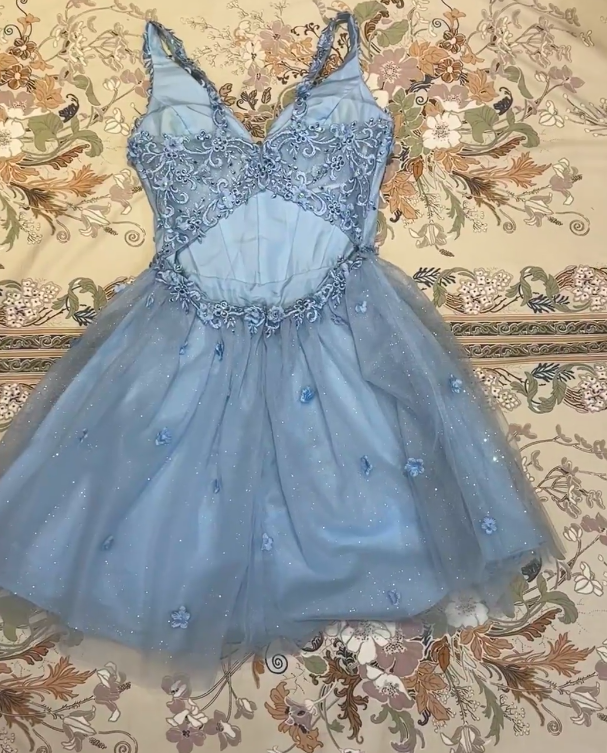 Chic Blue Hoco Dress Appplique Tulle Dress for Party Dress A-Line Birthday Dress DP06156