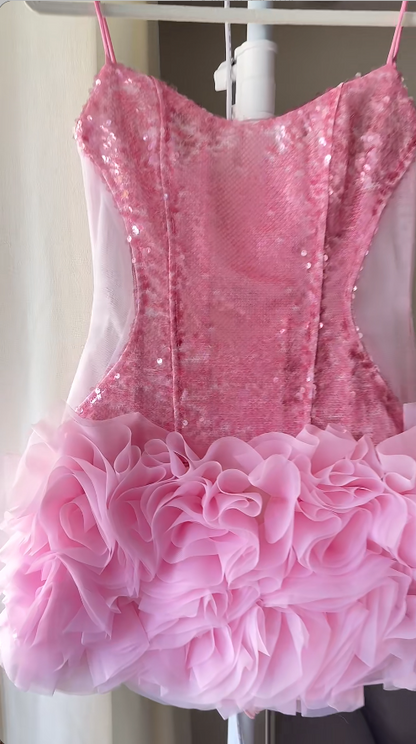 Chic Pink Hoco Dress  Bodycon Dress  for Party Dress Tulle Sequins Birthday Dress DP06159