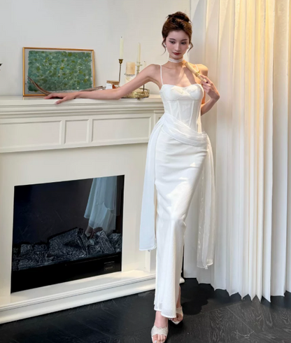 Elegantes weißes festliches Kleid mit Spaghettiträgern, figurbetontes Kleid für Partys, Chiffon-Abendkleid DP06167
