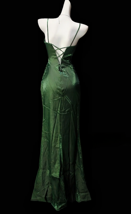 Elegantes dunkelgrünes, formelles Etuikleid mit Spaghettiträgern für Partys aus Satin mit Schlitz DP06168